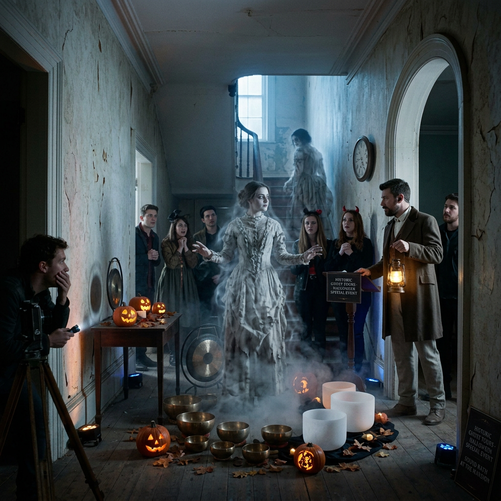 Photographer documenting ghostly figures in a decaying hallway